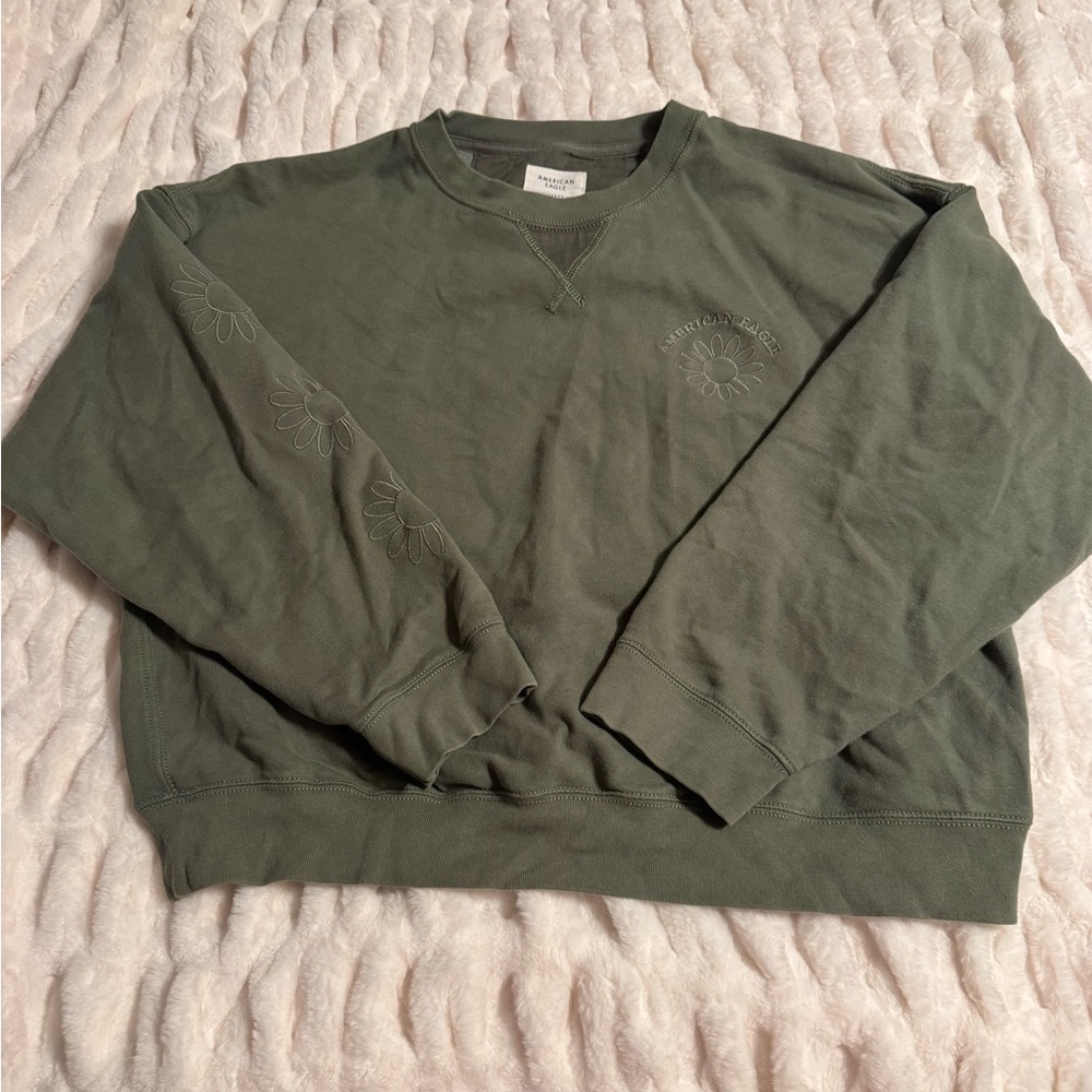 American Eagle Outfitters Olive Green Crewneck Sweatshirt with Daisy Details